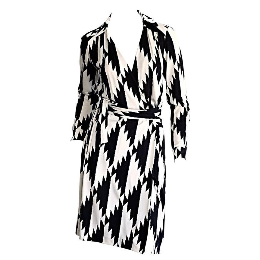 1990s Diane Von Furstenberg Black + White Geometric Aztec Silk Wrap Dress DVF