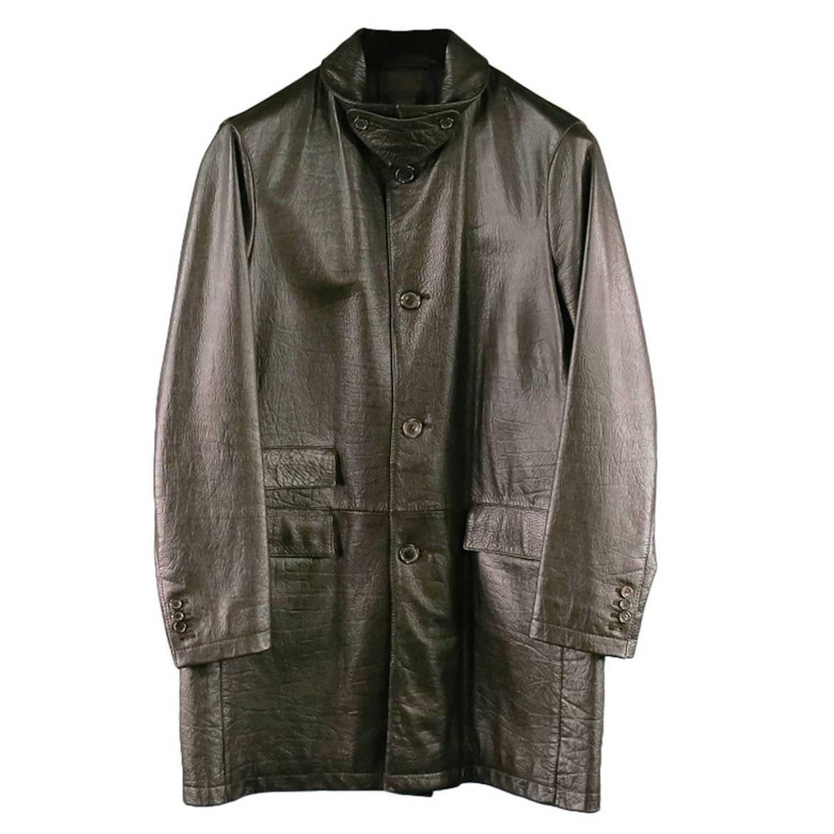 PRADA Size 40 Men's Long Pebble Grain Leather Brown Coat