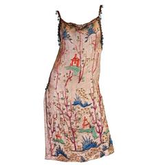 1920s Silver Lamé Evening Dress Beaded with Chinese Garden