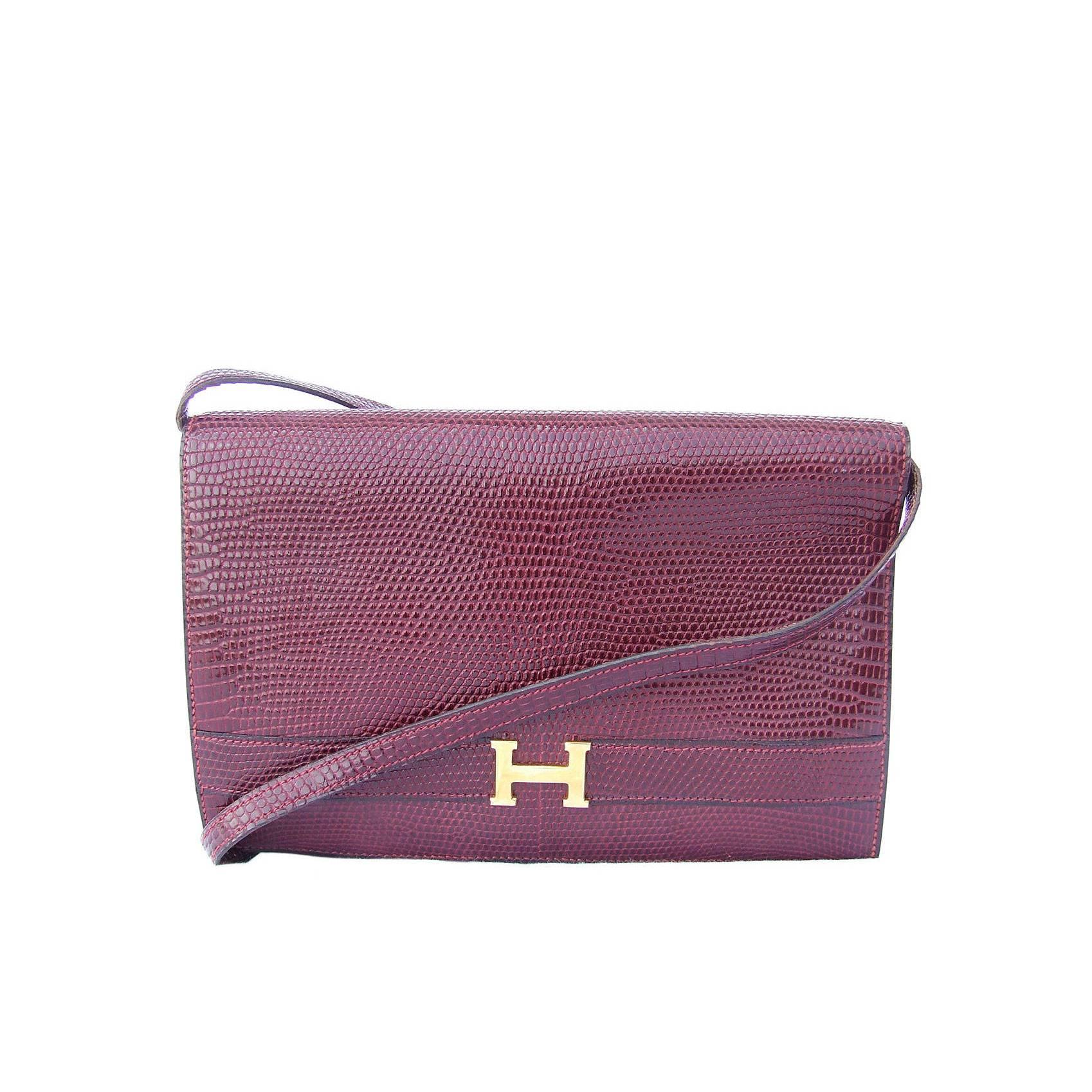 Authentic Hermes Annie Clutch Bag 2 ways Burgundy Lizard Gold Hardware