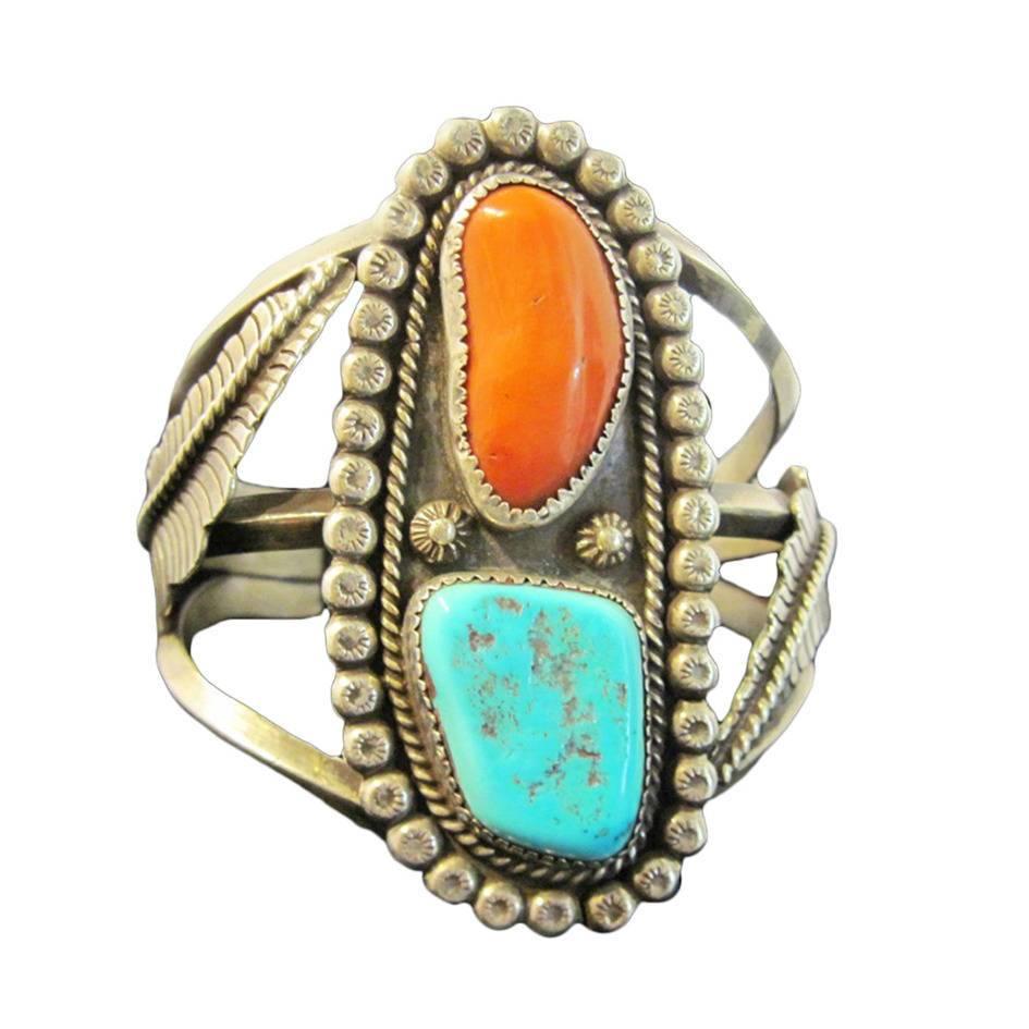 American Indian Early Pawn Turquoise and Coral Sterling Silver Cuff For Sale