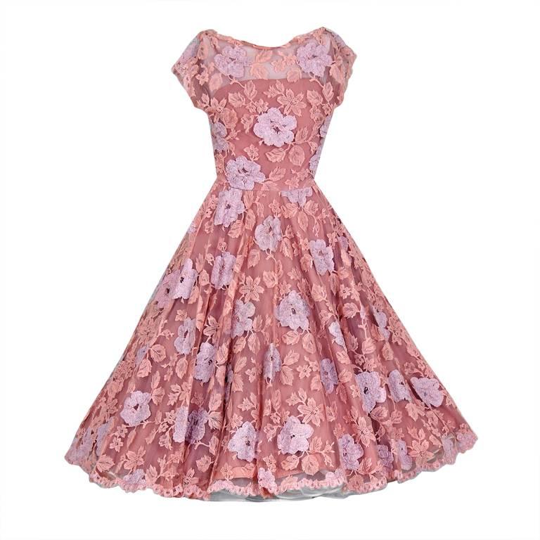 1950's Werle Baby-Pink Appliqued French Chantilly-Lace Full Party Dress