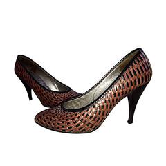 Vintage Charles Jourdan Black + Brown Leather Wicker Heels / Shoes Size 5 7