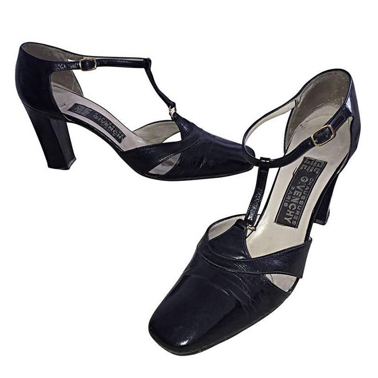 1960s Vintage Givenchy Black Leather Peekaboo T - Strap Heels Shoes Size 8  at 1stDibs | peekaboo shoes