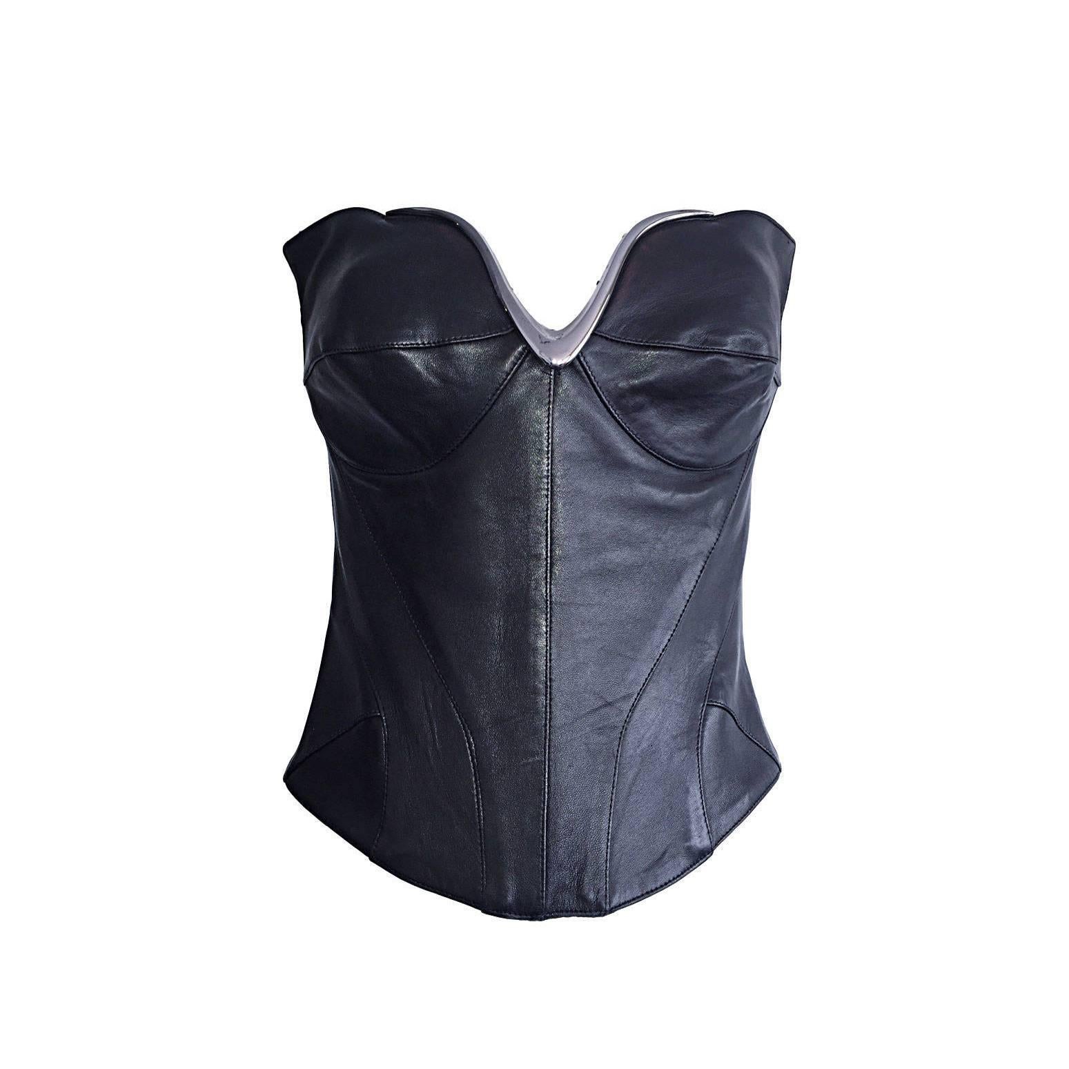 Iconic Vintage Thierry Mugler Couture Black Leather Space Age Corset Bustier
