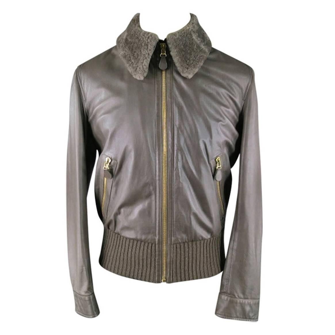 BOTTEGA VENETA Men's 40 Bomber Leather Taupe Jacket / Detachable Fur Collar