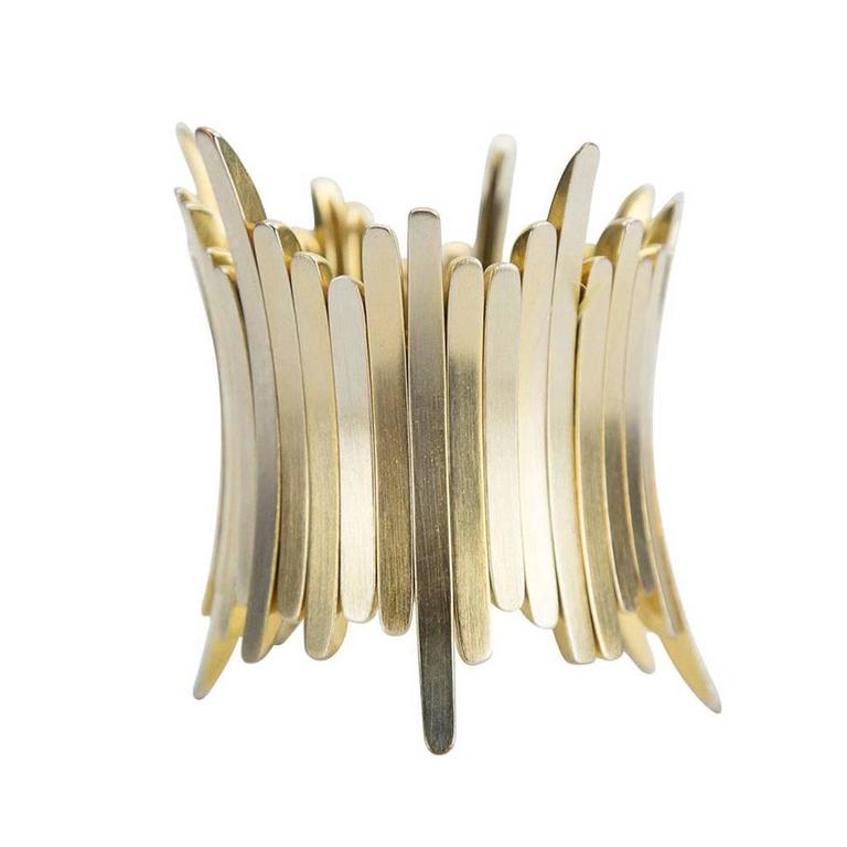 Striking Sculptural Bar Link Gold and Silver Stretch Cuff Bracelet at