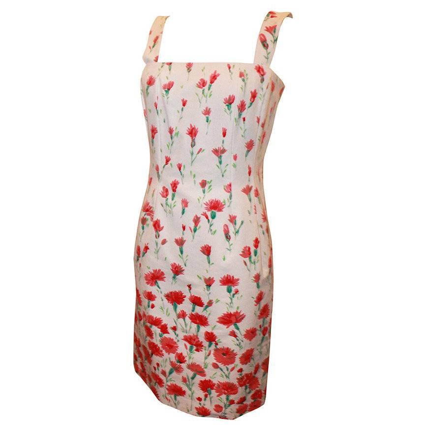 Oscar de la Renta White and Red Floral Print Cotton Dress  For Sale