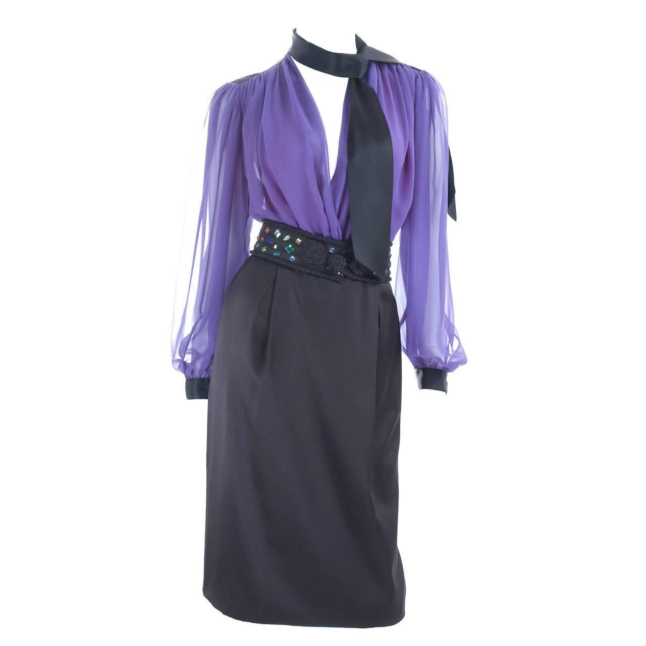 Vintage Yves Saint Laurent Blouse & Skirt Ensemble in Black and Purple For Sale