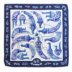 Rare 1975 Retro Hermes ' Ryhtons ' by Karin Swildens Large Blue Silk Scarf