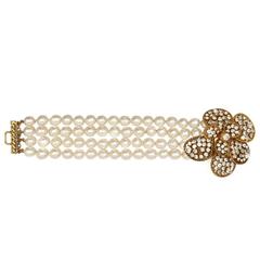 1983 Chanel Haute Couture Rhinestone Earrings and Pearl Bracelet Set 1