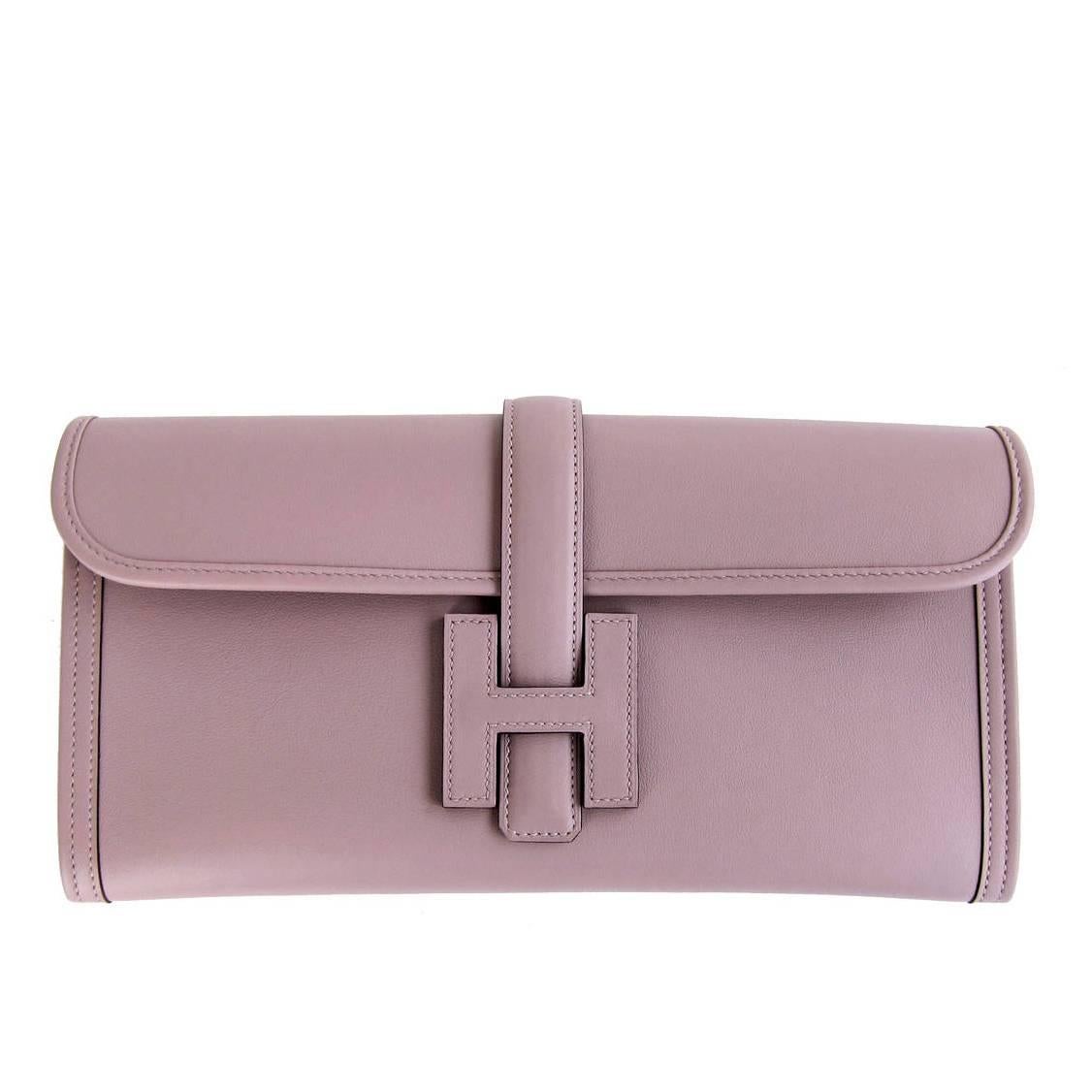 HERMES Glycine Lilac Jige Swift Elan Leather Clutch 29cm So Pretty!