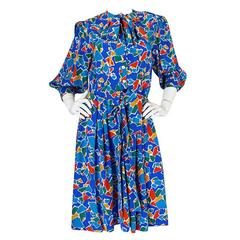 1980s Yves Saint Laurent Blue & Brights Silk Dress 4