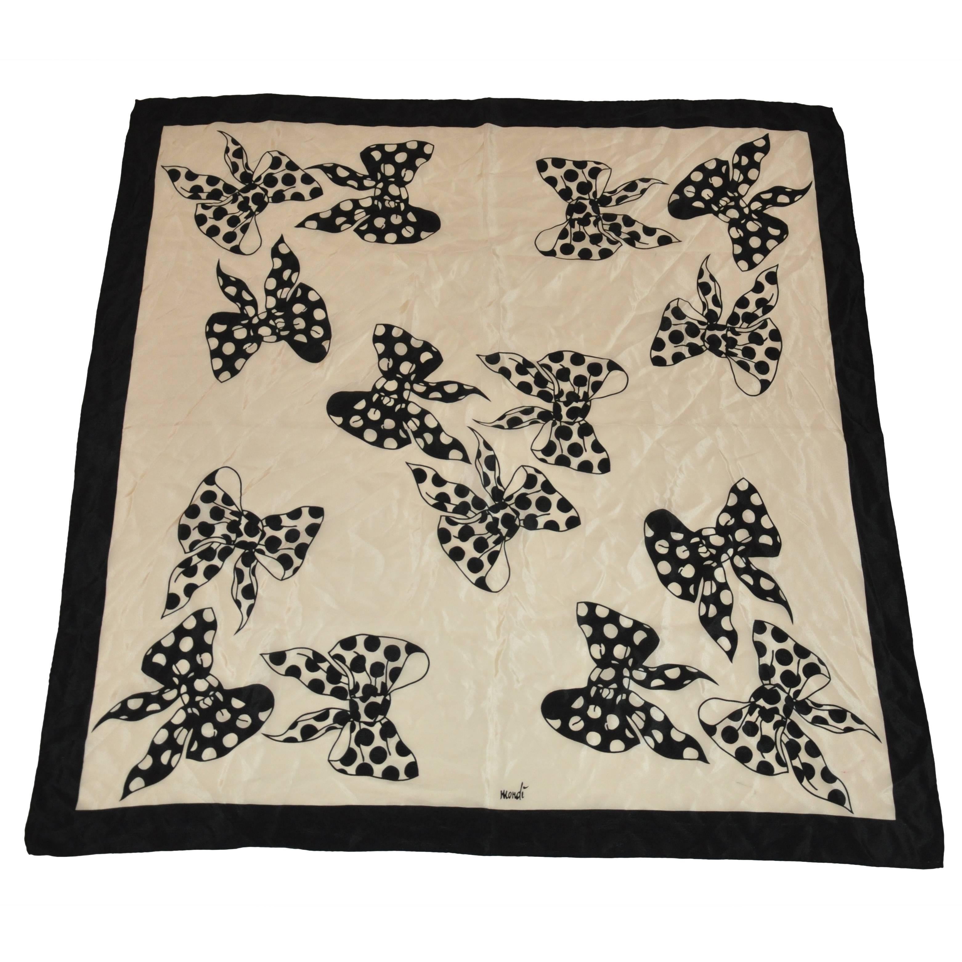 Mondi Cream & Black "Bows" Silk Scarf For Sale