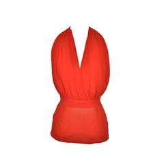Halston Signature Double-Layered Red Crepe Halter Button Top 11