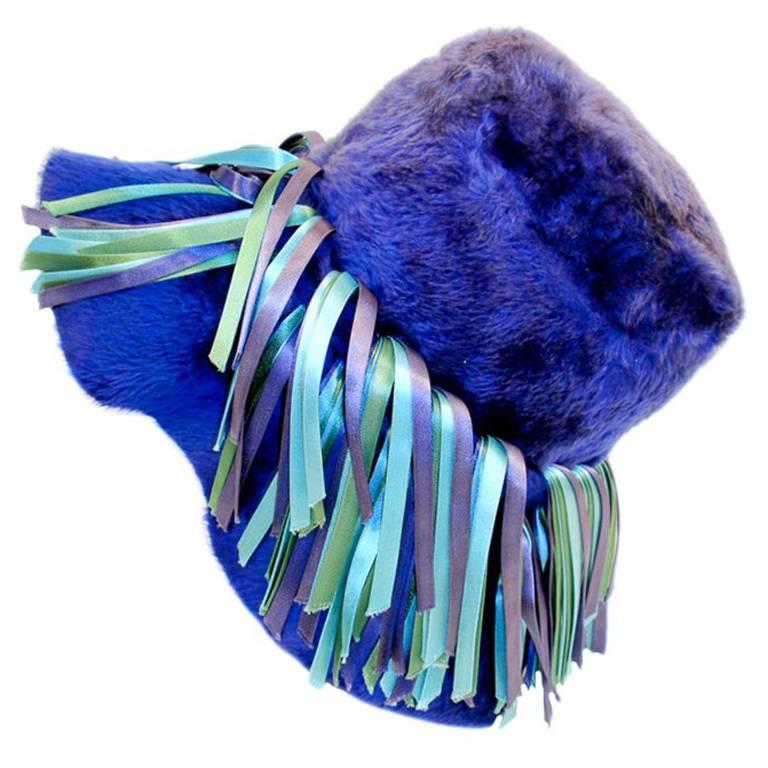 Christian Dior Chapeaux Blue Fur Wide Brim Hat w/ Ribbon Detail at 1stDibs
