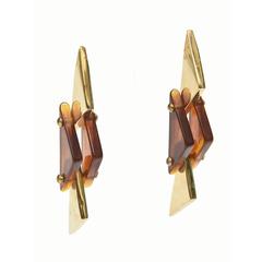 Pair of Sculputural Brass and Amber Lucite Earrings 3