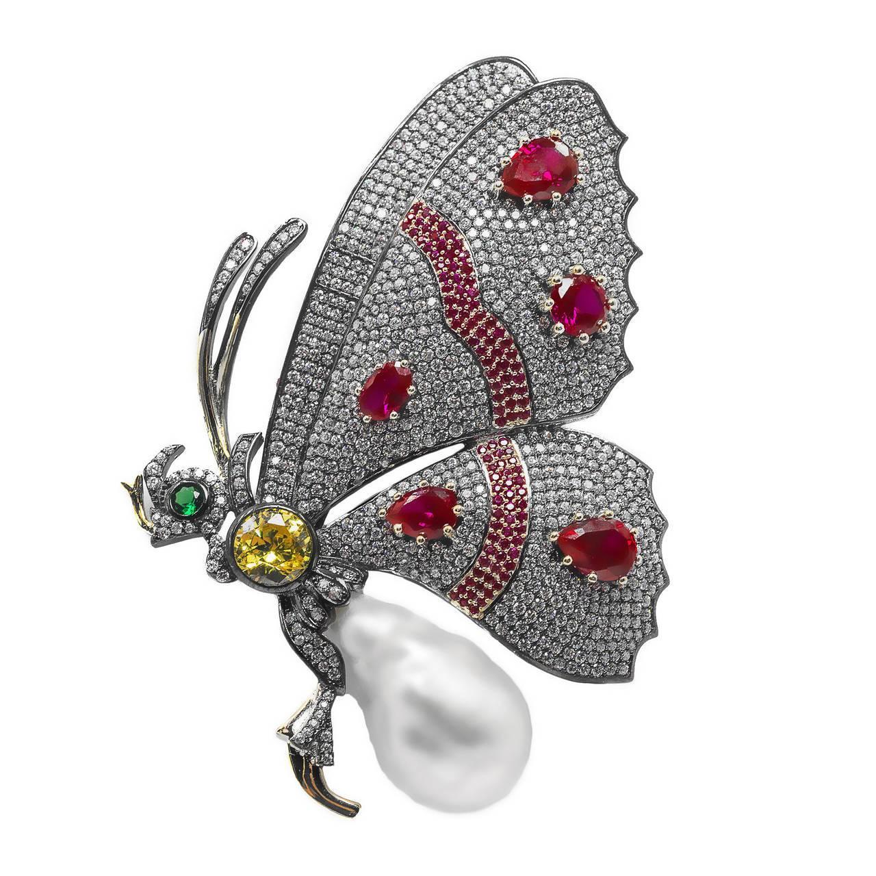 Magnificent Antique Style Faux Diamond Ruby Real Pearl Gem Set Butterfly Pin
