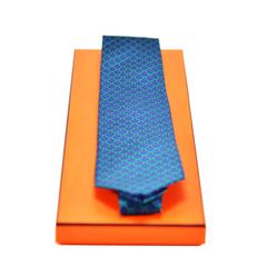 HERMES Tie Twill Silk Navy Blue Green Fir Ivory 8cm 2015.