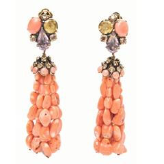 Stunning Pair of Iradj Moini Coral, Ameythst, Citrine and Rhinestone Earrings