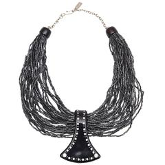 Italian Ugo Correani Black Glass Beads & Lucite Rhinestone Pendant Necklace 1