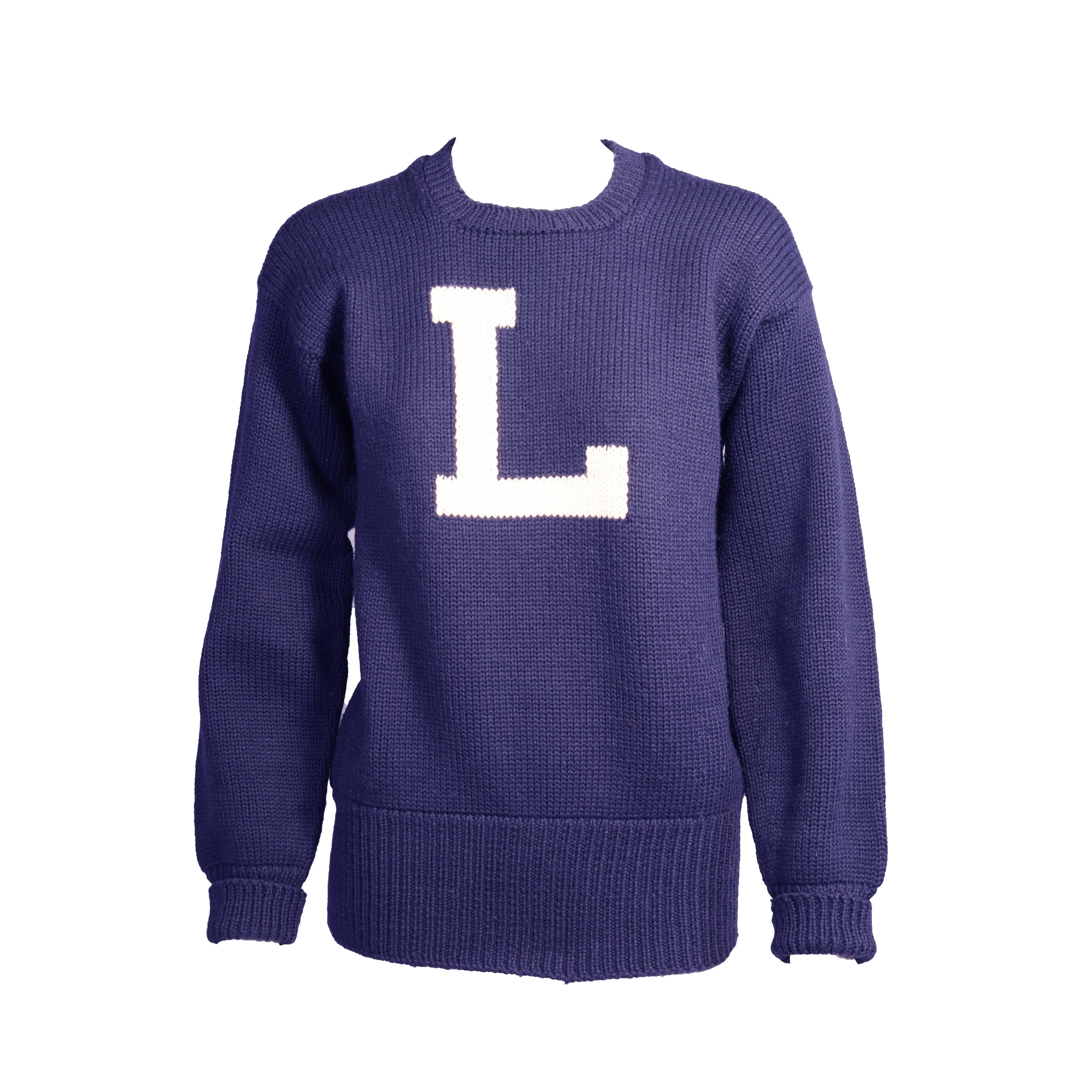 Vintage Navy & White Letter Sweater For Sale