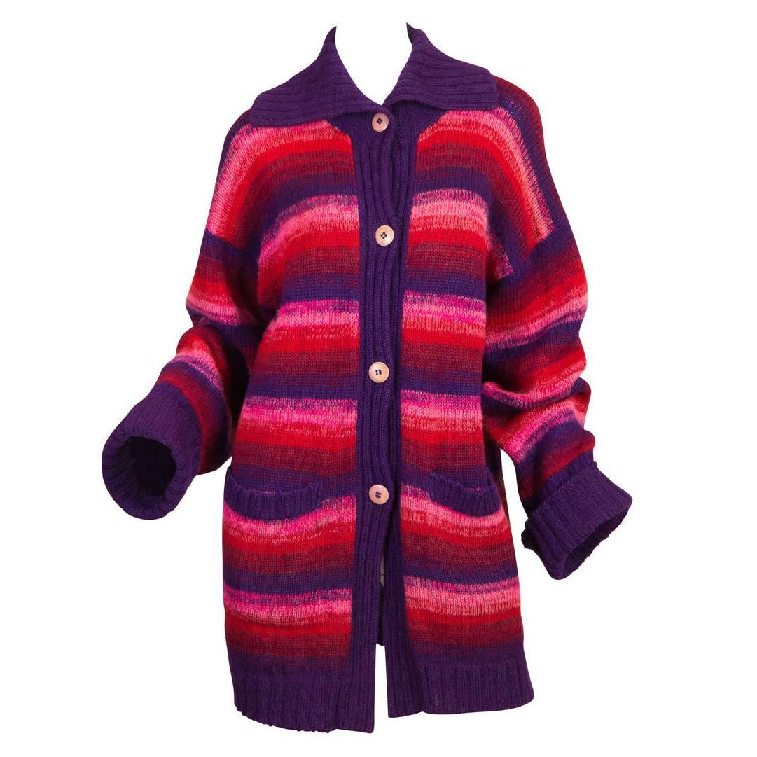 1980S KANSAI YAMAMOTO Pink  & Purple Wool Knit Oversized Striped Sweater Cardig