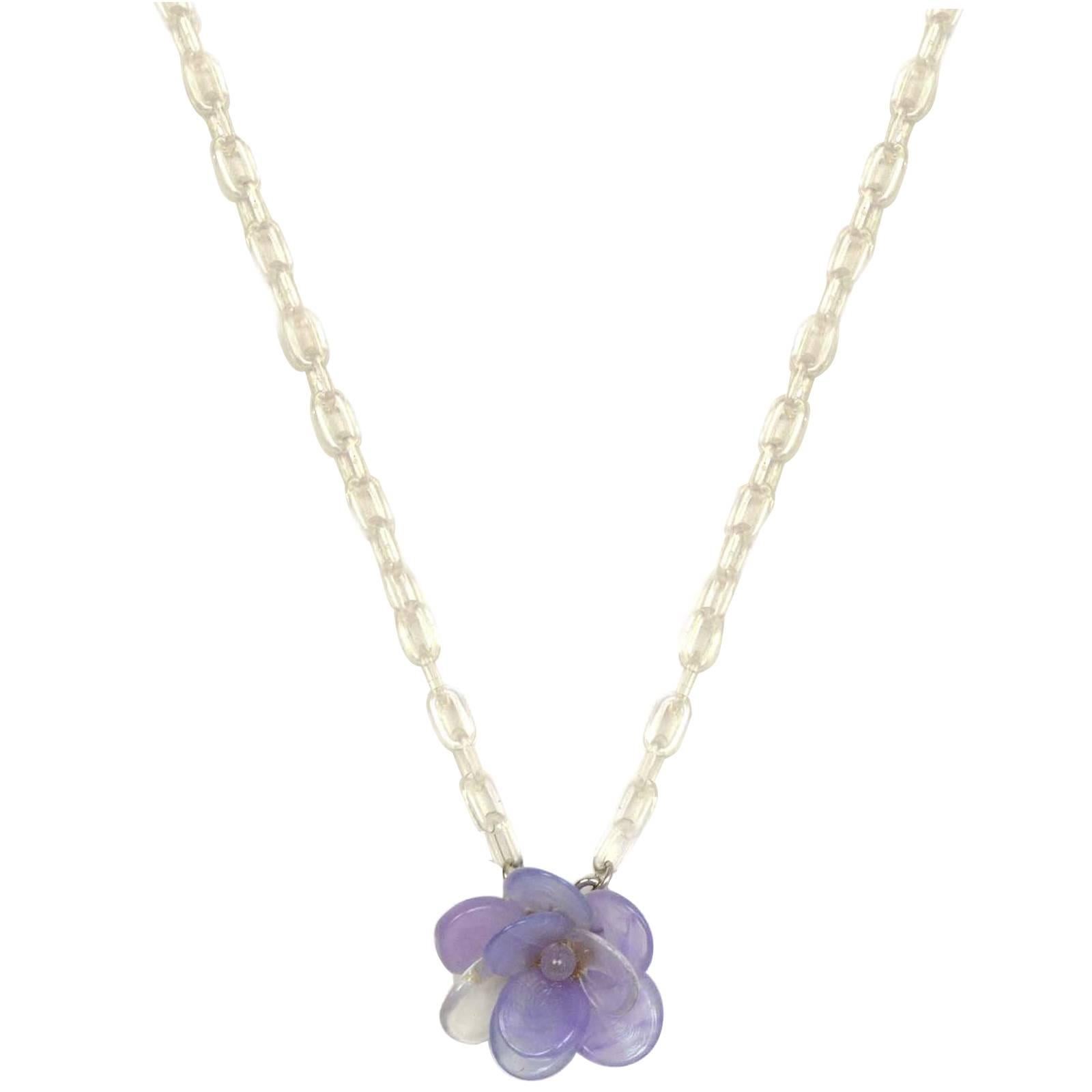 Chanel Lavender Glass Camellia & Clear Resin Chain Link Necklace