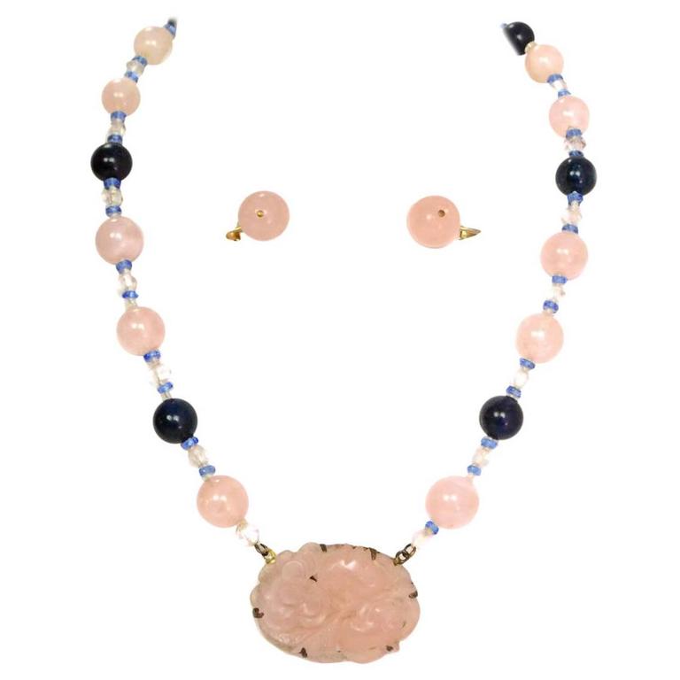 Pale Pink and Navy Glass Bead Necklace 
