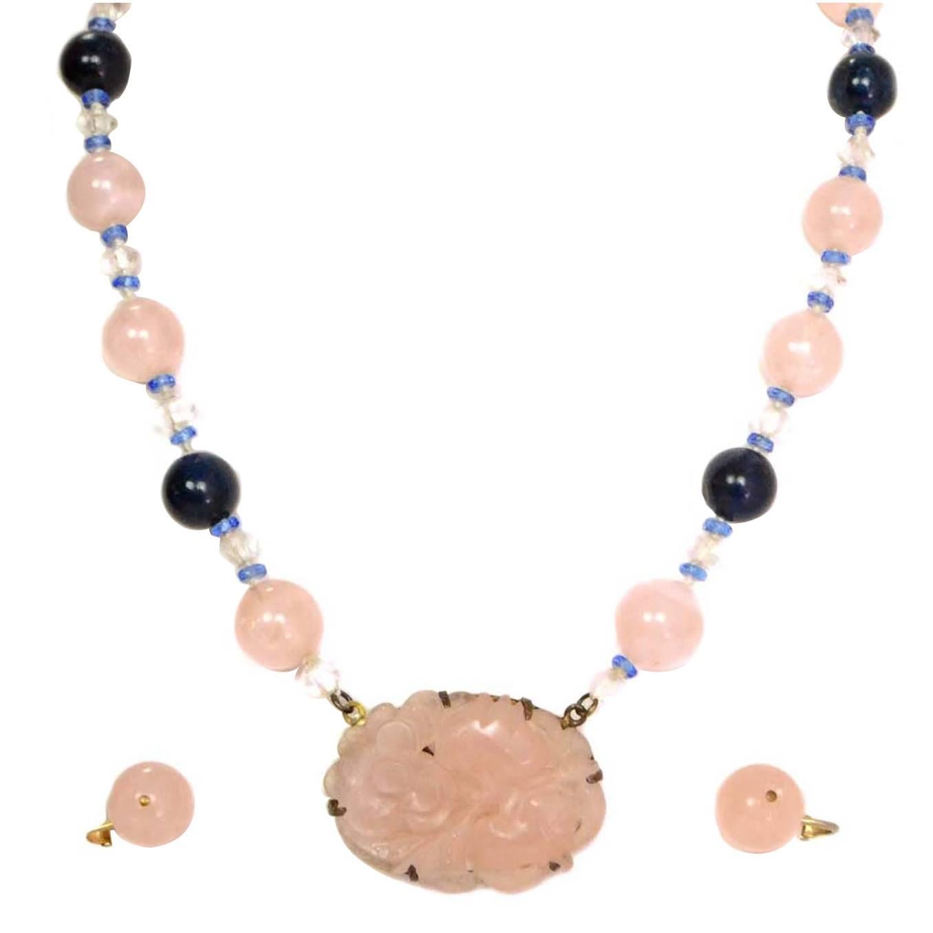 Pale Pink & Navy Glass Bead Necklace & Earrings Set