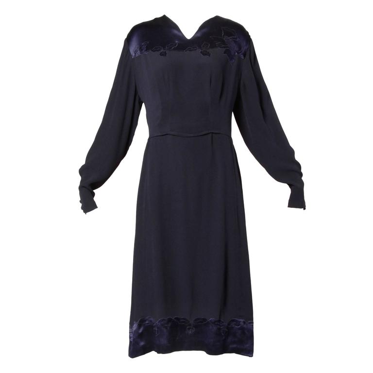 1930s Vintage Navy Blue Crepe Satin Ivy Embroidery Dress For Sale at ...