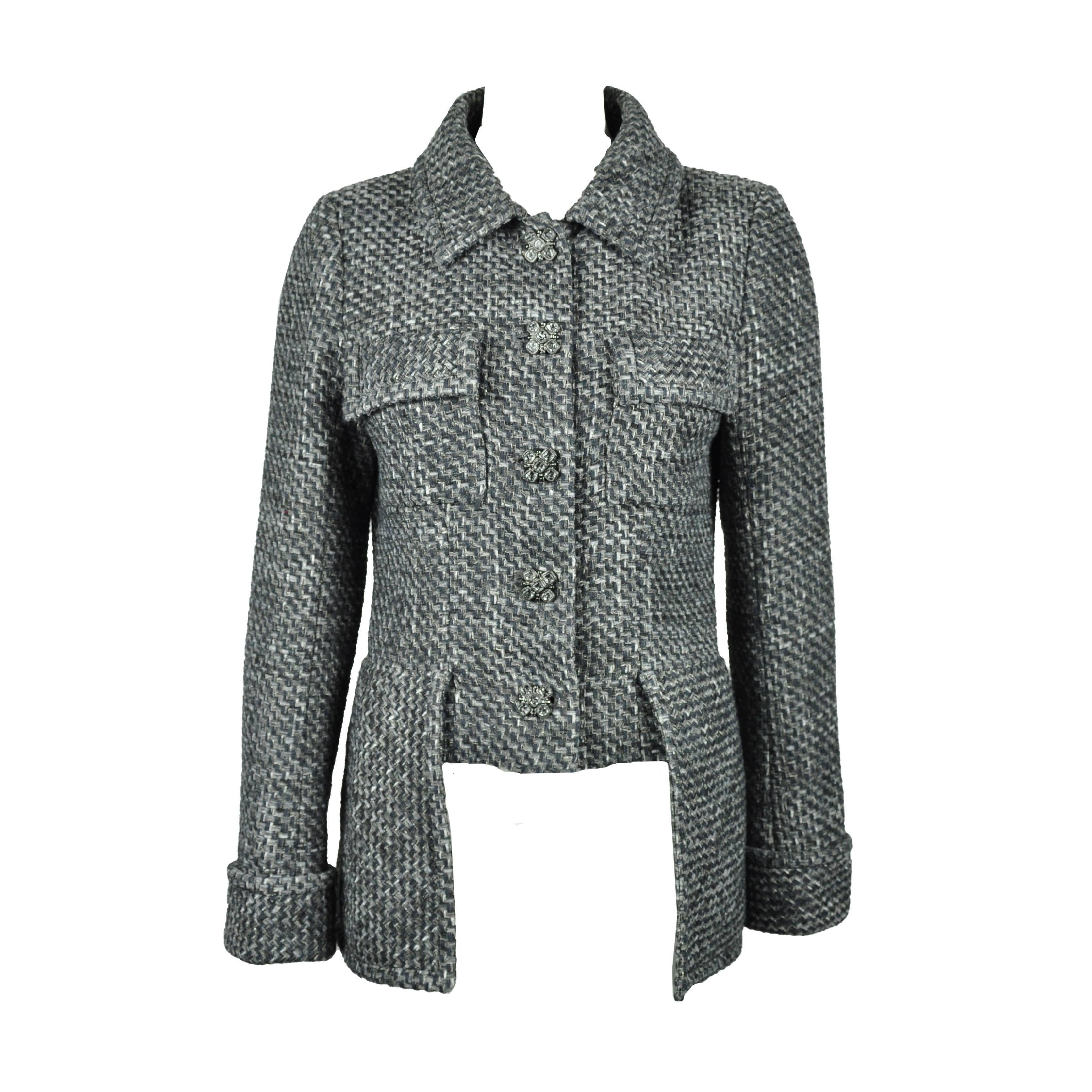 Chanel 2015 S/S Collection Grey/Blue Fantasy Tweed Jacket FR38 For Sale