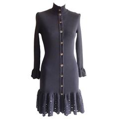 Seltenes 1980er CHANEL White Elephant Buttons Navy Blue Wool Sweater Dress (36)