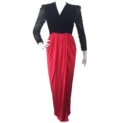 1980s Peek-a-Boo Black Burn-Out Velvet and Red Crepe Siren Gown