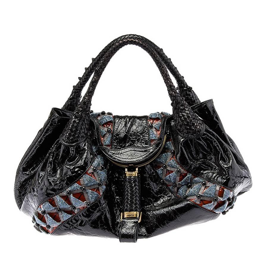 Fendi Limited Edition Black Patent Leather Beaded Spy Bag For Sale