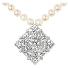 Edwardian Style Pave Sterling Pendant on Pearl Necklace