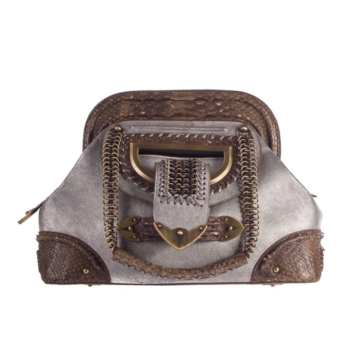 Christian Dior Limited Edition Gray Leather and Python Jeanne Medium Frame Bag For Sale