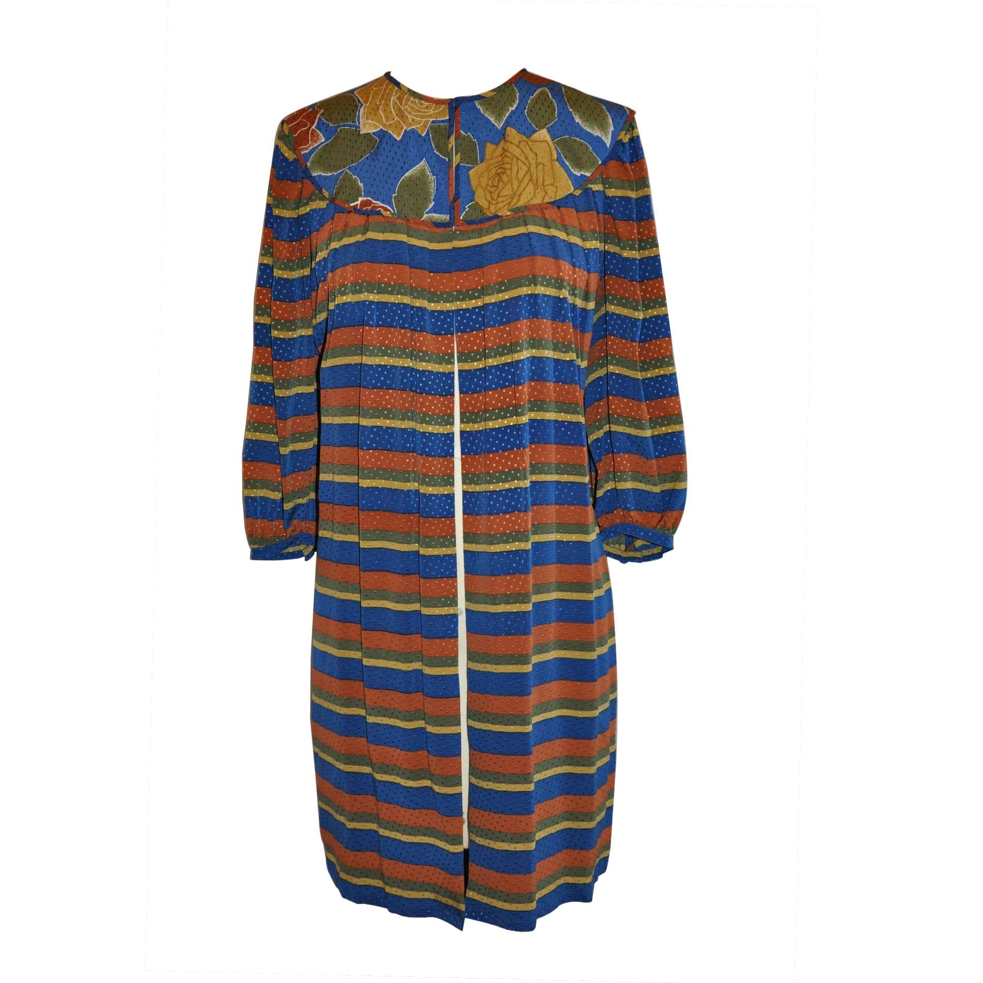 Flora Kung Floral and Stripe Silk Crepe de Chine Tunic with Optional Tie-Belt