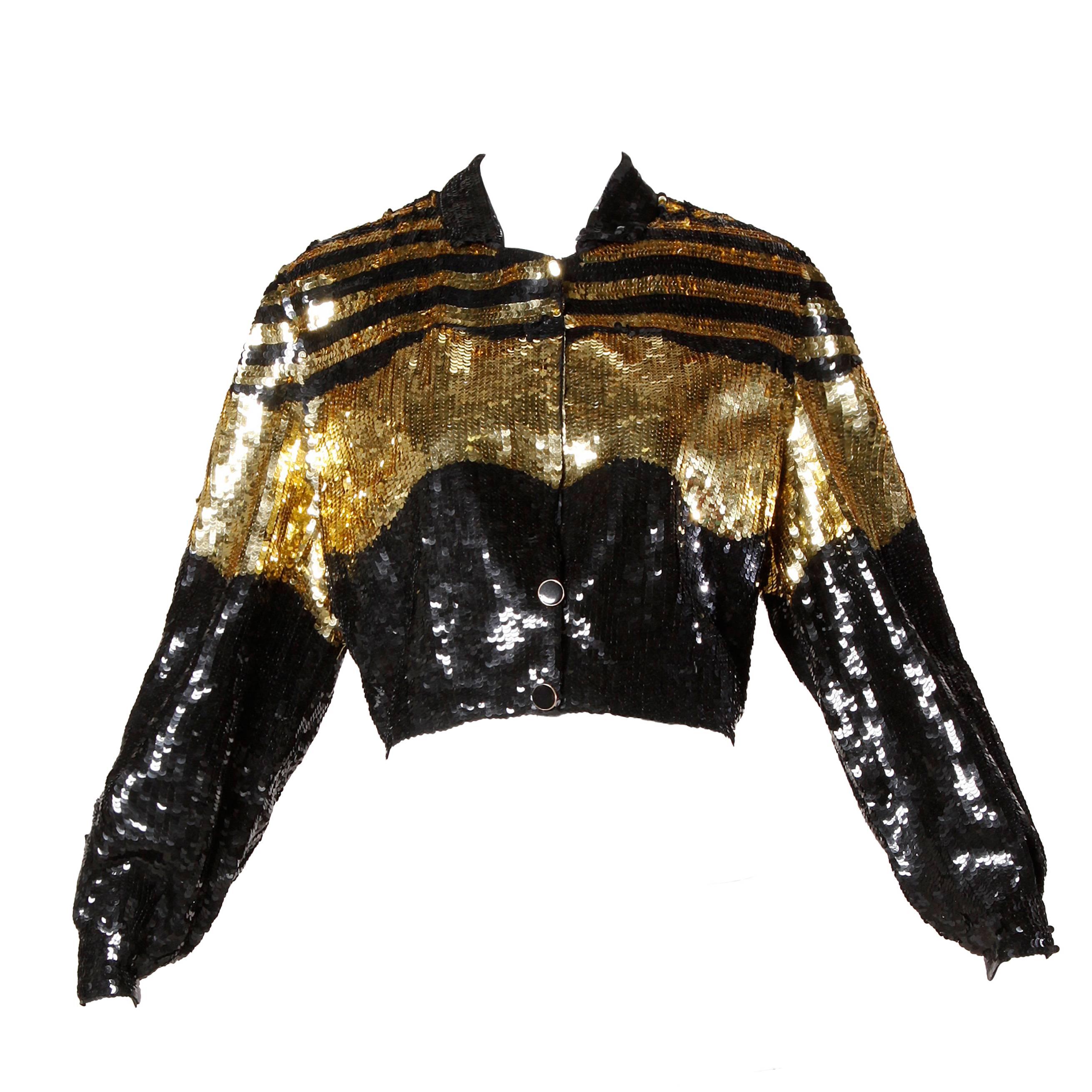 Lillie Rubin Vintage Metallic Gold + Black Sequin Silk Jacket