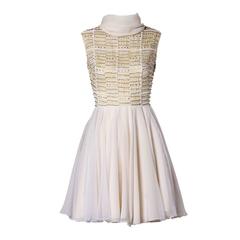 1960s Vintage Beaded Pearl Rhinestone Organza Dress