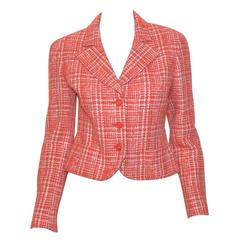 Chanel Red 1997 P Summer Coral Orange Tweed Button Blazer Jacket