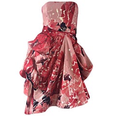 Rare 1990s Vintage Isaac Mizrahi Red + Pink + Gold Futuristic Silk Rose Dress