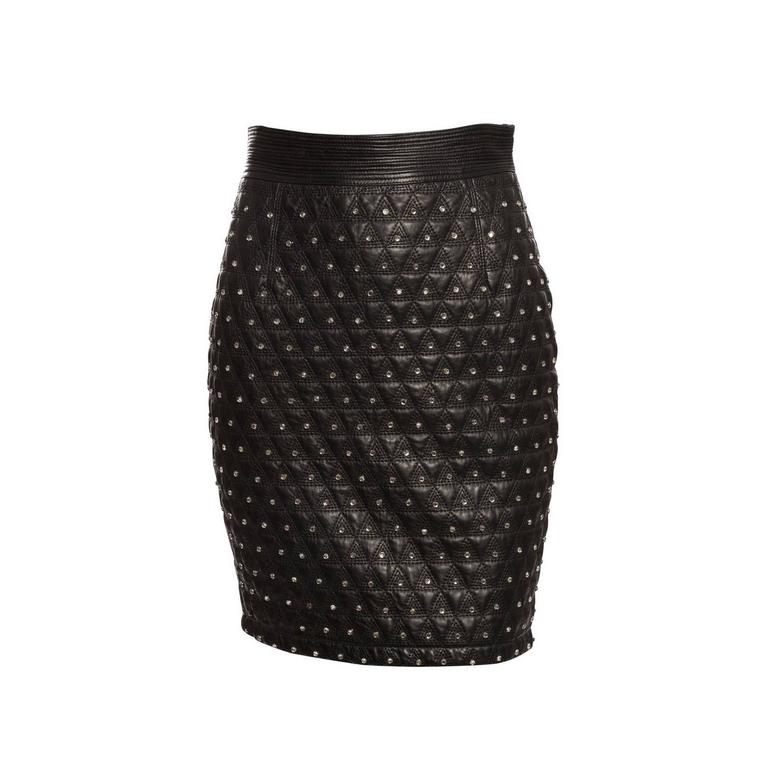 Versace Black Quilted Leather Skirt With Prong Set Crystals, Circa 1990's For Sale