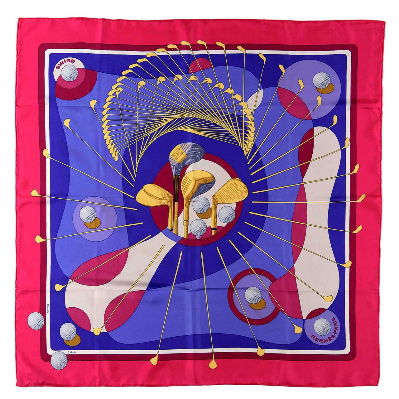 FUN FUN! Vintage Hermes Silk Golf Scarf 'Swing' by Julia Abadie