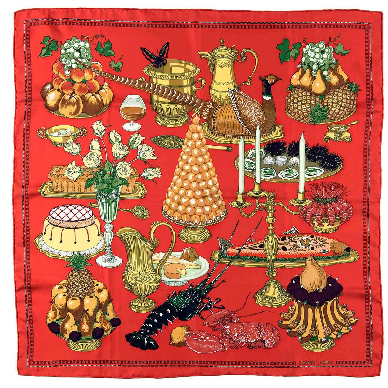 VERY RARE Vintage Hermes Silk Scarf - 'La Gastronomie' By Christiane Vauzelles