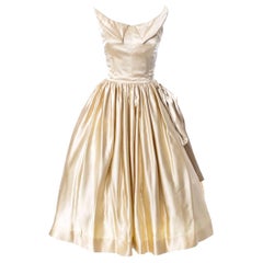 1950s Vintage Wedding Dress in Champagne Satin w Winged Bust Gown by Peg Powers 