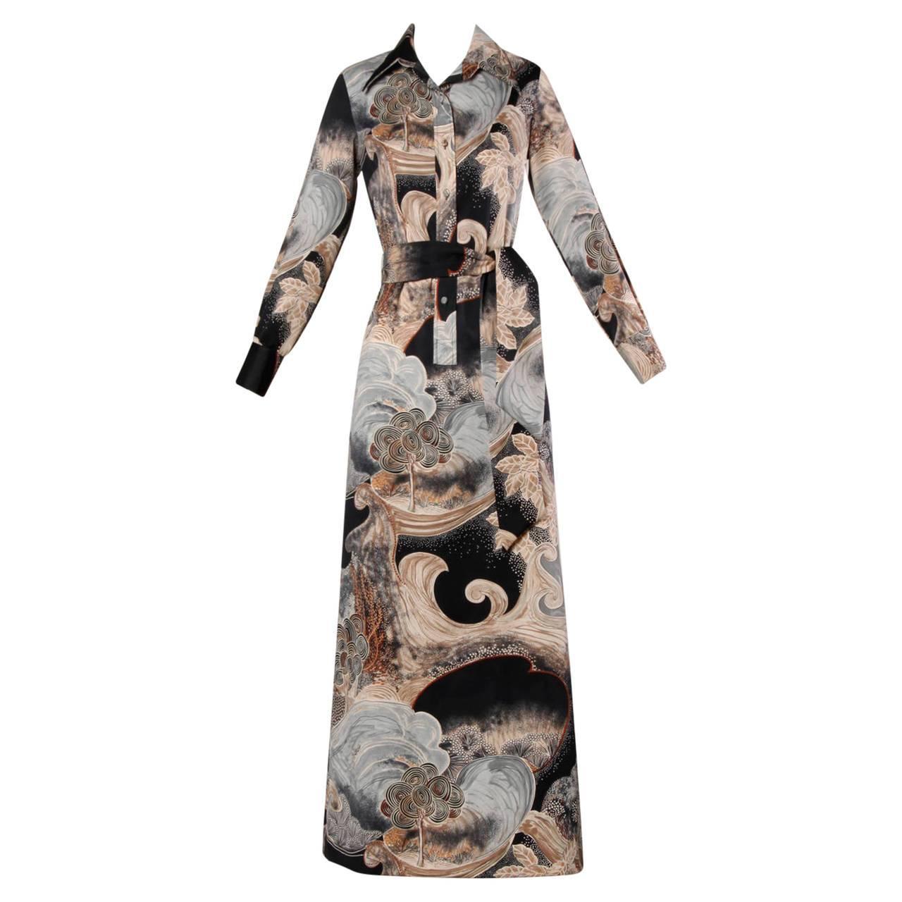 Lanvin 1970s Asian Print Maxi Dress + Sash