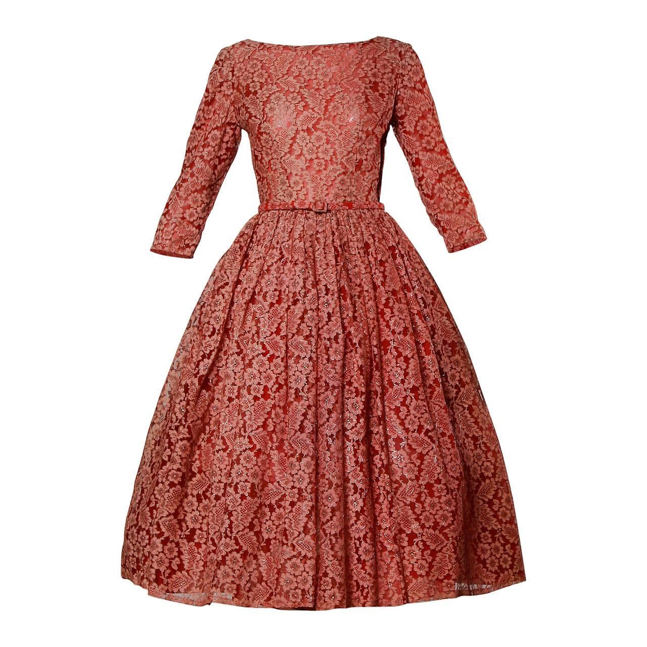 1950s Vintage Red Lace Cocktail Dress with Belt