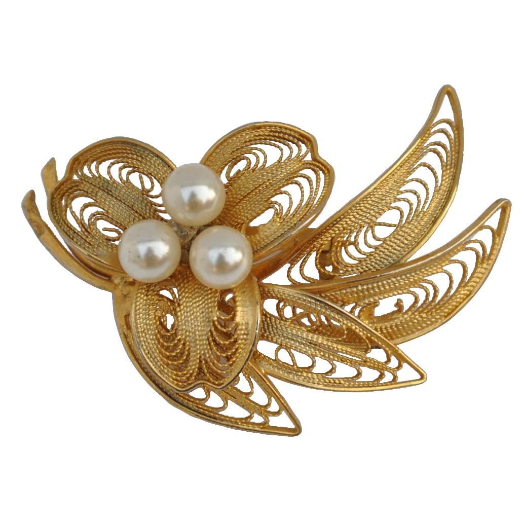 Large Gilded Gold Filigree Accented with Pearl Brooch For Sale