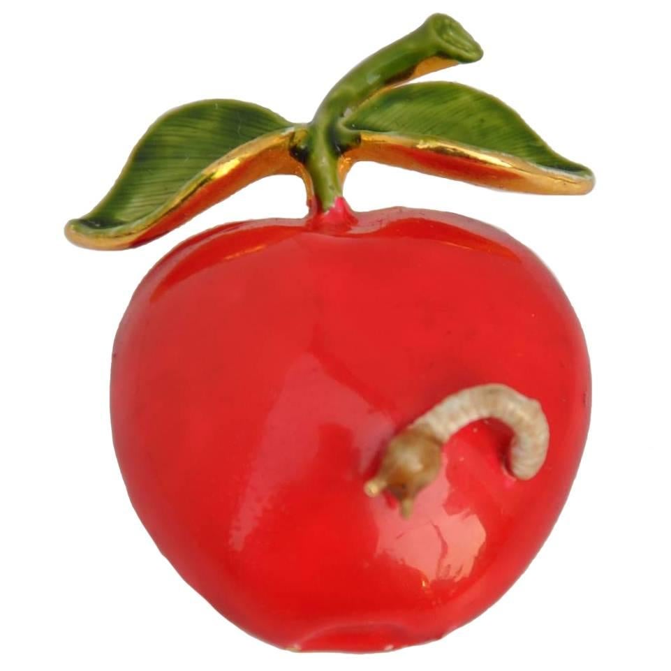 Original by Robero Large "Apple with Worm" Enamel Brooch For Sale